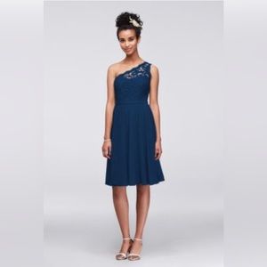 Beautiful lace one shoulder navy bridesmaid dress!